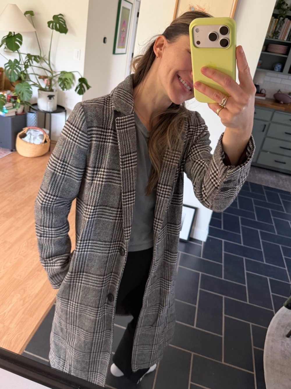 cupcakes & cashmere Gray Plaid Trench Coat with Green Detailing
